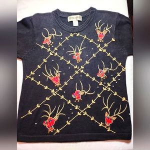 Victoria harbour Vintage Christmas Sweater.  Reindeer.  Black .Women's Size M